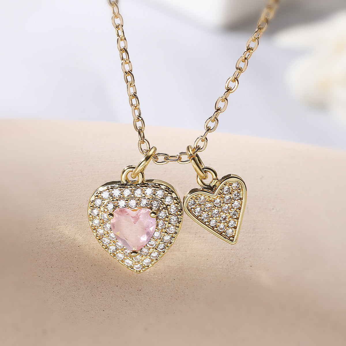 Minimalist Elegant 18K Gold Plated Brass Heart Pendant Necklace with Cubic Zirconia for Women