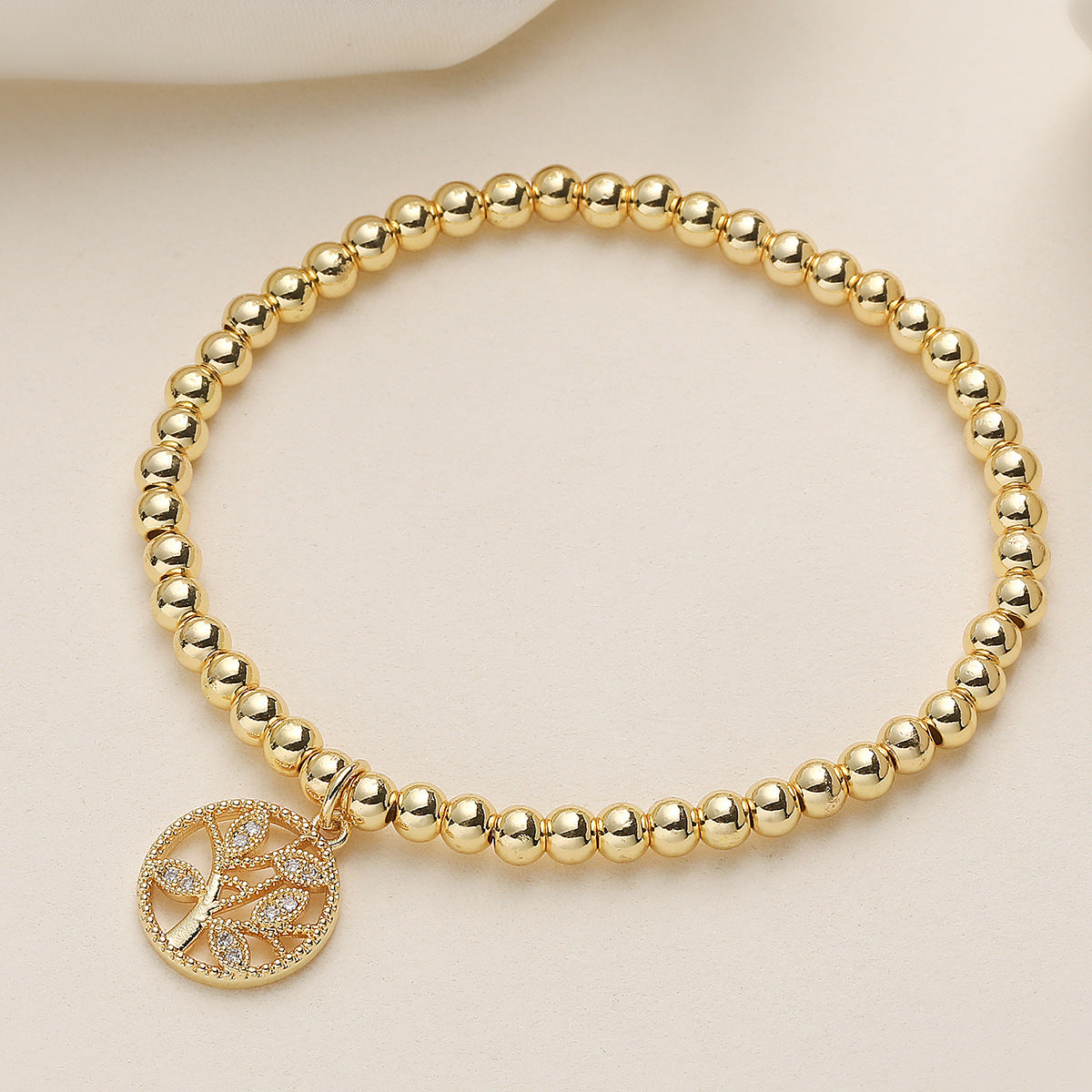 Minimalist 18K Gold Plated Geometric Tree of Life Cubic Zirconia Inlay Brass Bracelet for Women