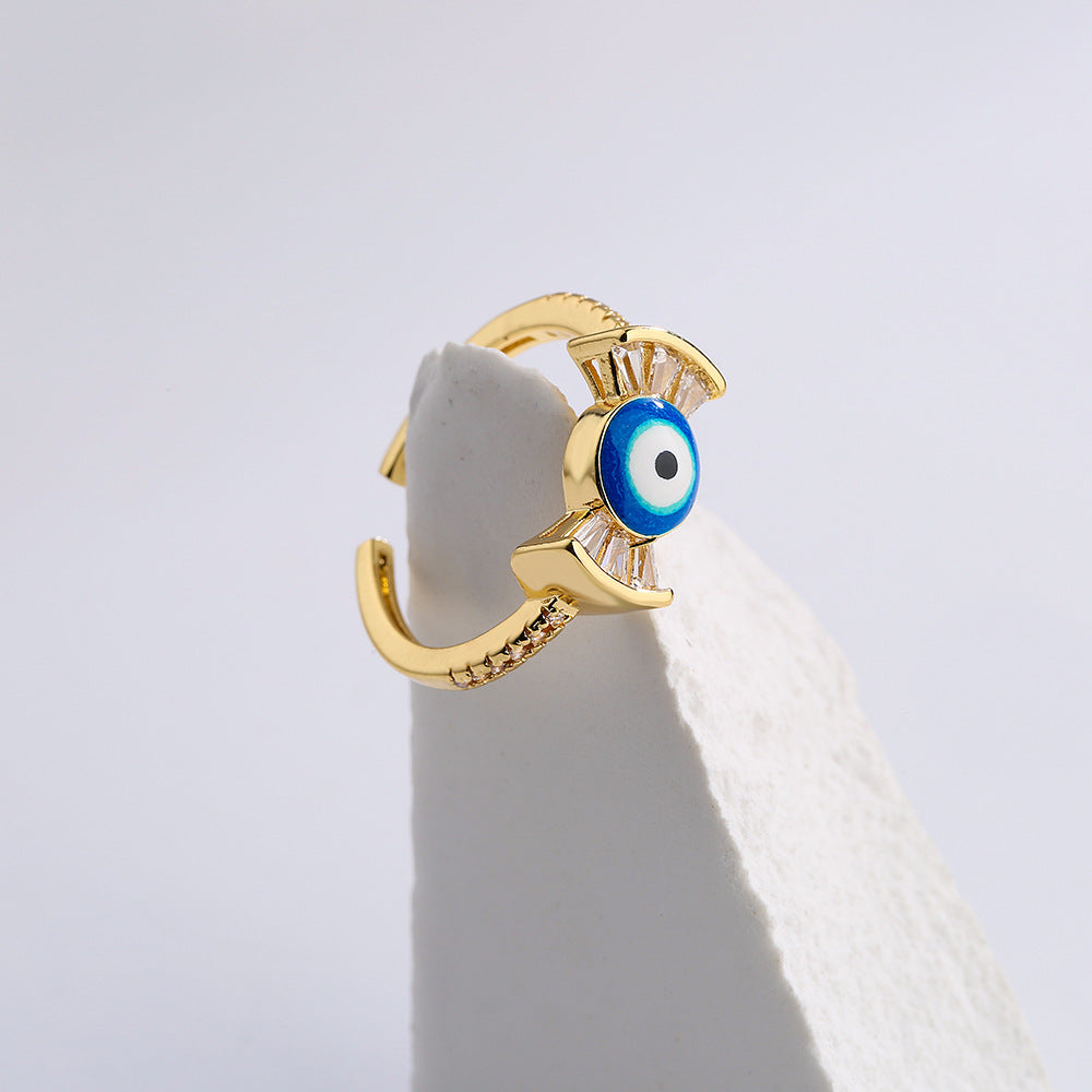 INS Style Geometric Open Ring for Women Made of Brass with Real Gold Plating Rhinestone Inlay and Enamel Eye Design