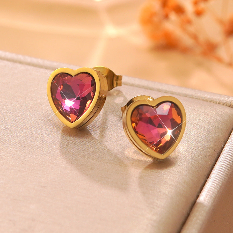 Elegant Gold Plated Stainless Steel Heart Cubic Zirconia Stud Earrings