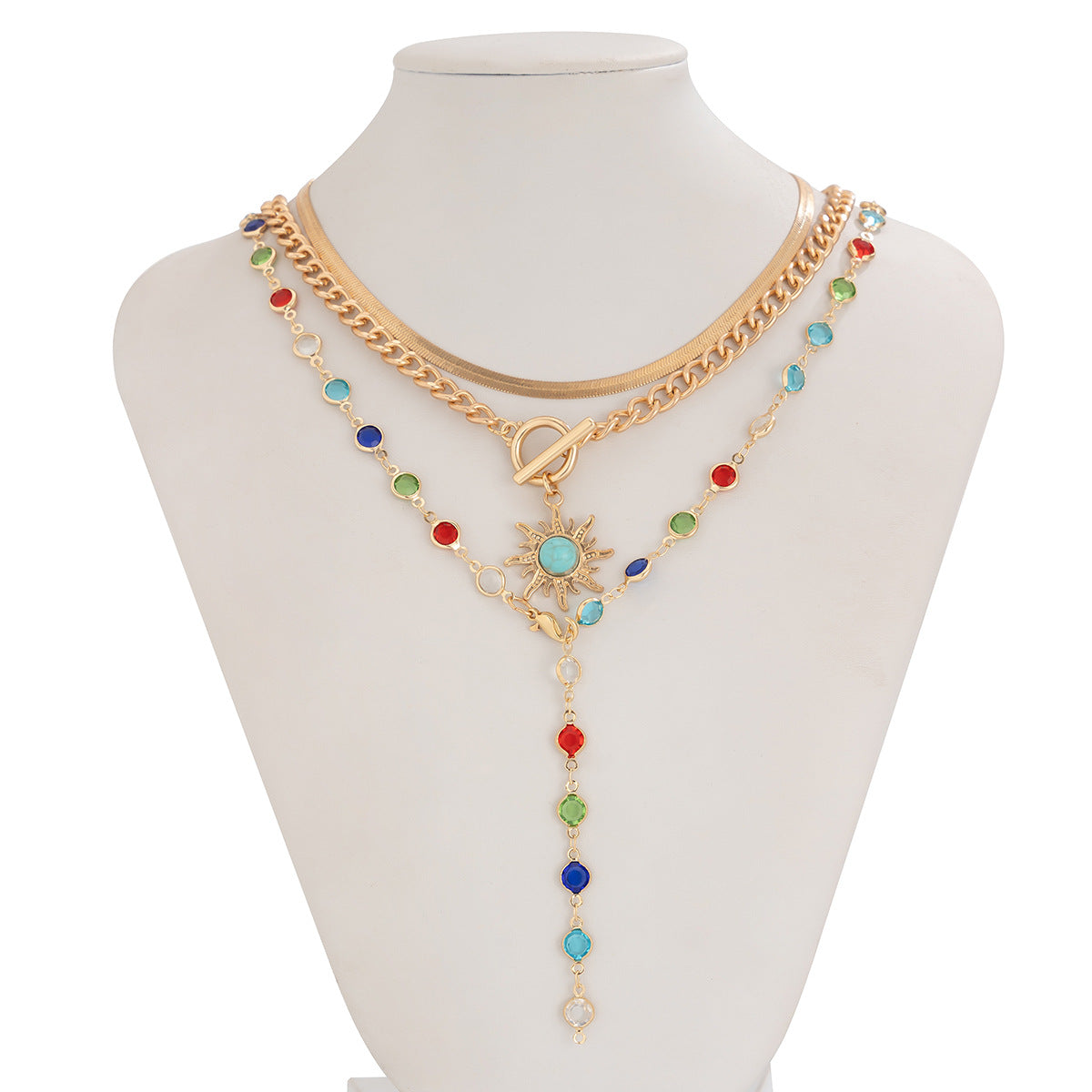 Set di collane con pendente geometrico minimalista con nappe di cristallo e ciondolo in lega placcata su catena a maglia snake per donna