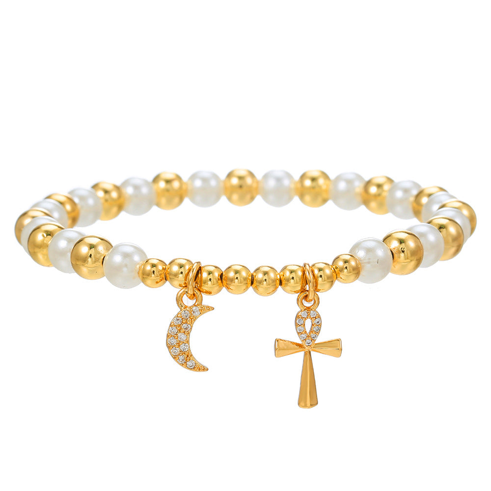 Cherry Heart Cross Fruit Shape Brass Bracelet with Cubic Zirconia and Pearl Inlay for Unisex