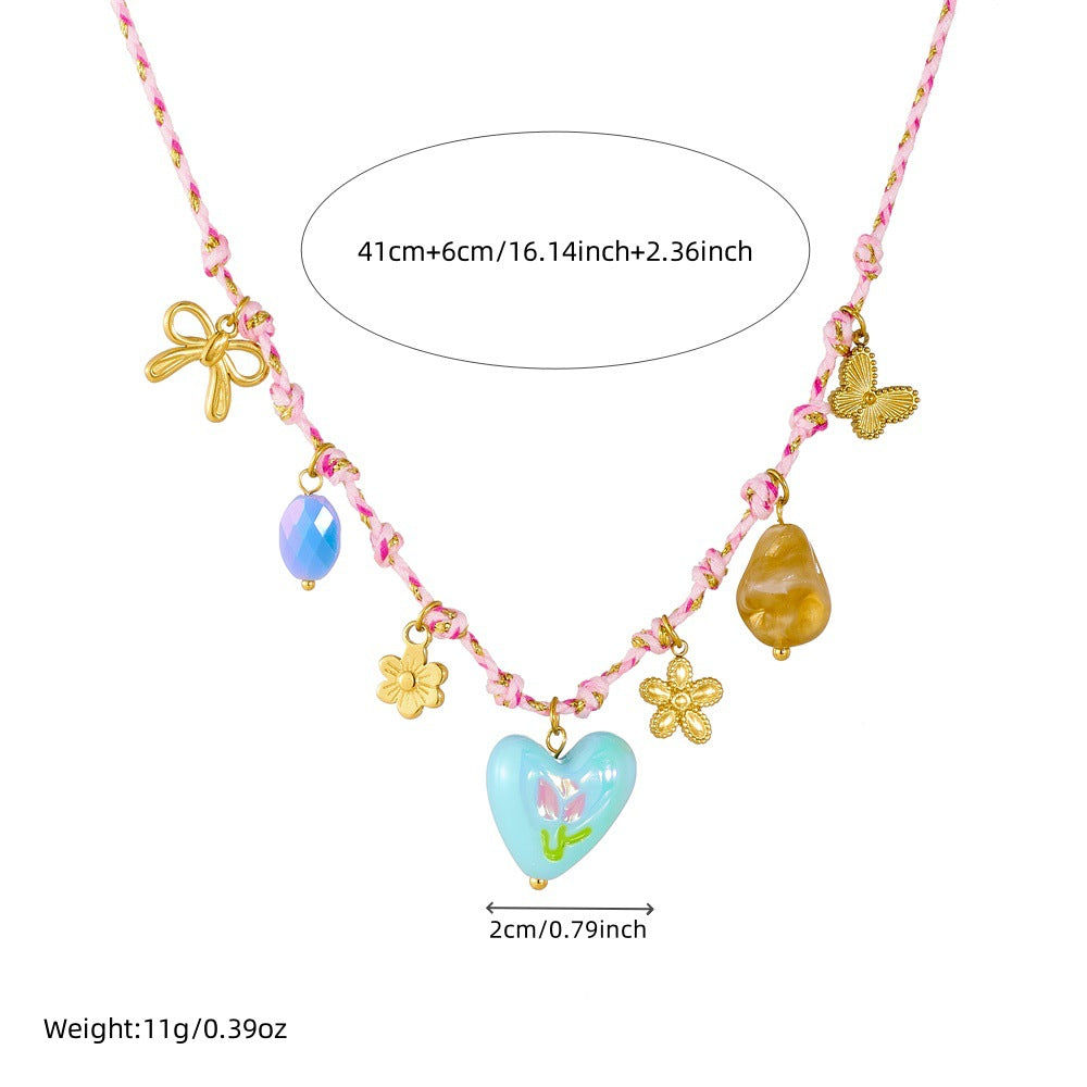 Sweet Heart Stainless Steel Drip Oil Floral Pendant Necklace for Women