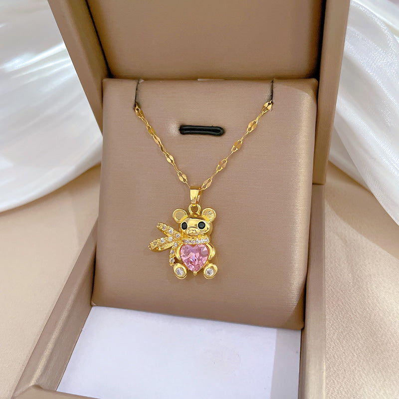 Collana pendente orsetto minimalista in acciaio al titanio con strass per donna e uomo, catena a medaglione regolabile