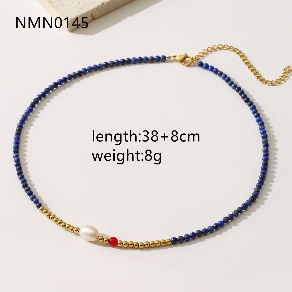 Minimalist Fashionable Natural Lapis Lazuli and Freshwater Pearl Beaded Necklace for Women with Geometric Round Bead Chain