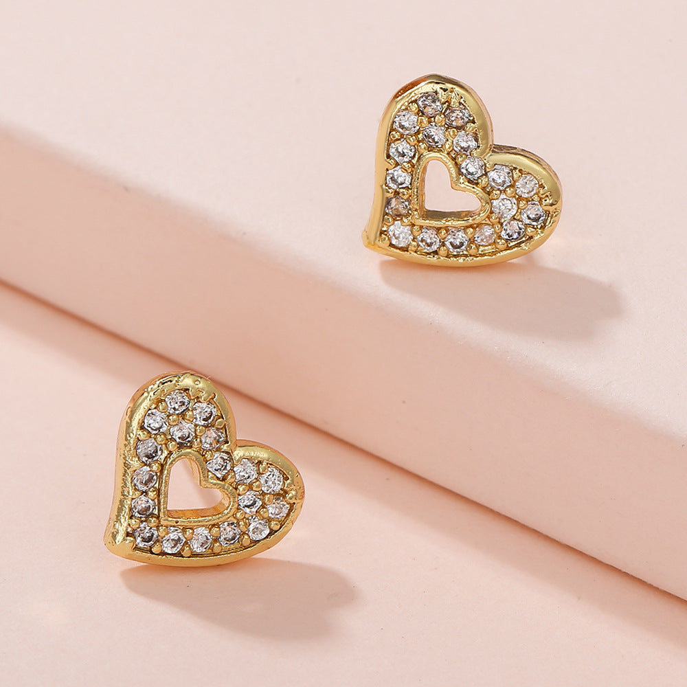 Minimalist Elegant Gold Plated Brass Heart Earrings with Micro-Inlaid Cubic Zirconia