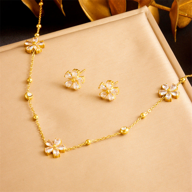 Minimalist Elegant Floral Rhinestone Inlay Stainless Steel Jewelry Set for Women