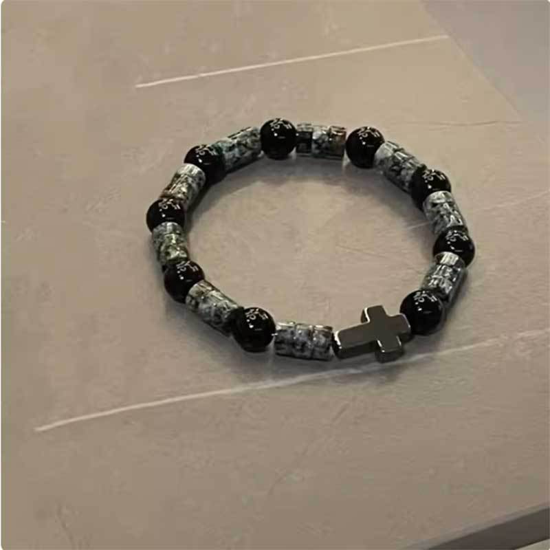 Geometric Cross Obsidian and Cat's Eye Beaded Bracelet