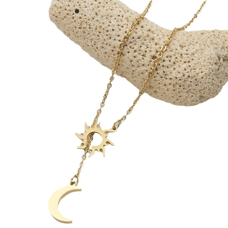 Minimalist Geometric Sun and Moon Pendant Necklace for Women in Stainless Steel with Titanium Steel Pendant and Plated Finish on O-Chain