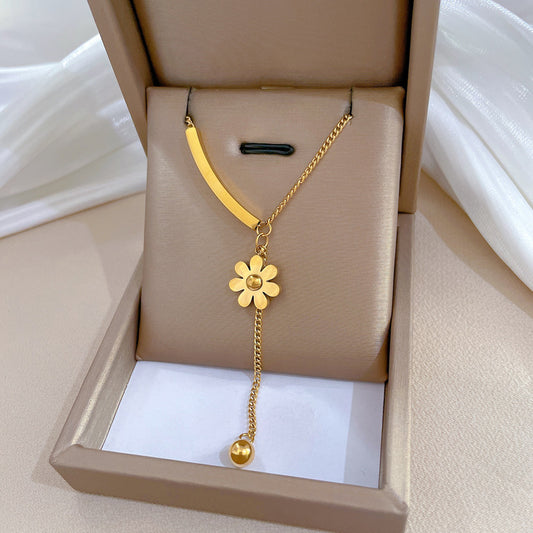Minimalist Floral Geometric Pendant Necklace for Women and Men in Titanium Steel with Gold Plating on Beaded Chain