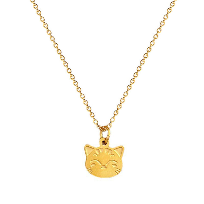 Collana con ciondolo minimalista in acciaio al titanio a forma di gatto sorridente per donna con design geometrico e finitura placcata oro