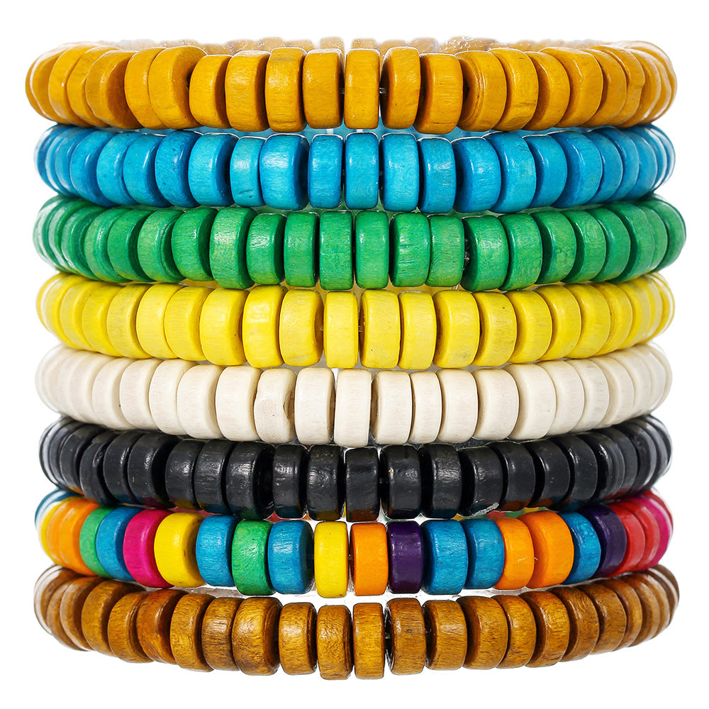 Minimalist Multicolor Round Wood Beaded Bracelet Handmade Geometric Stretch Bracelet