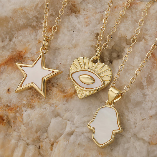 Vintage Minimalist Gold Plated Brass Heart Evil Eye Hand Star Micro-inlay Shell Pendant Necklace for Women