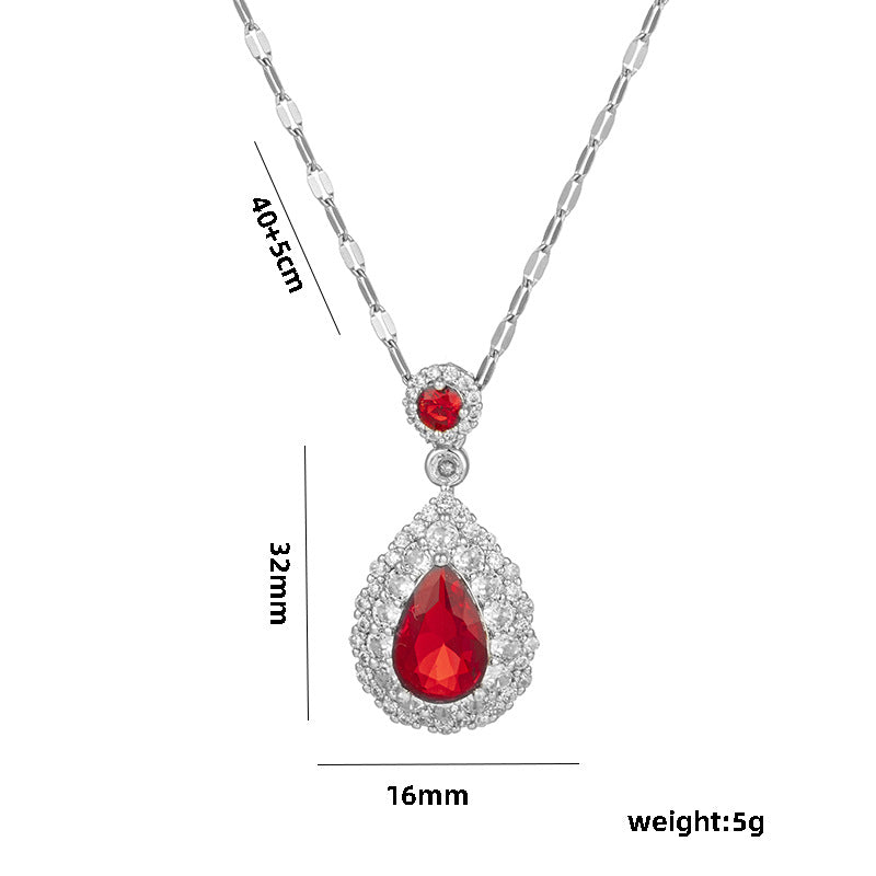 Elegante collar con colgante de circonita en forma de lágrima en acero de titanio con incrustaciones de pedrería para mujer