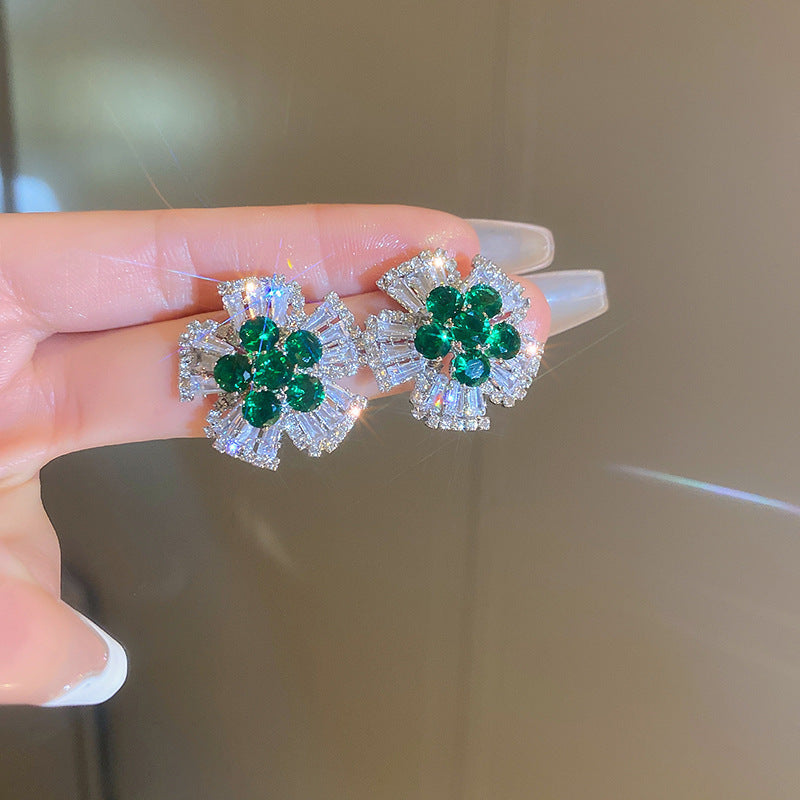 Vintage Green Rhinestone Butterfly Pearl Earrings with Stainless Steel Posts for Women