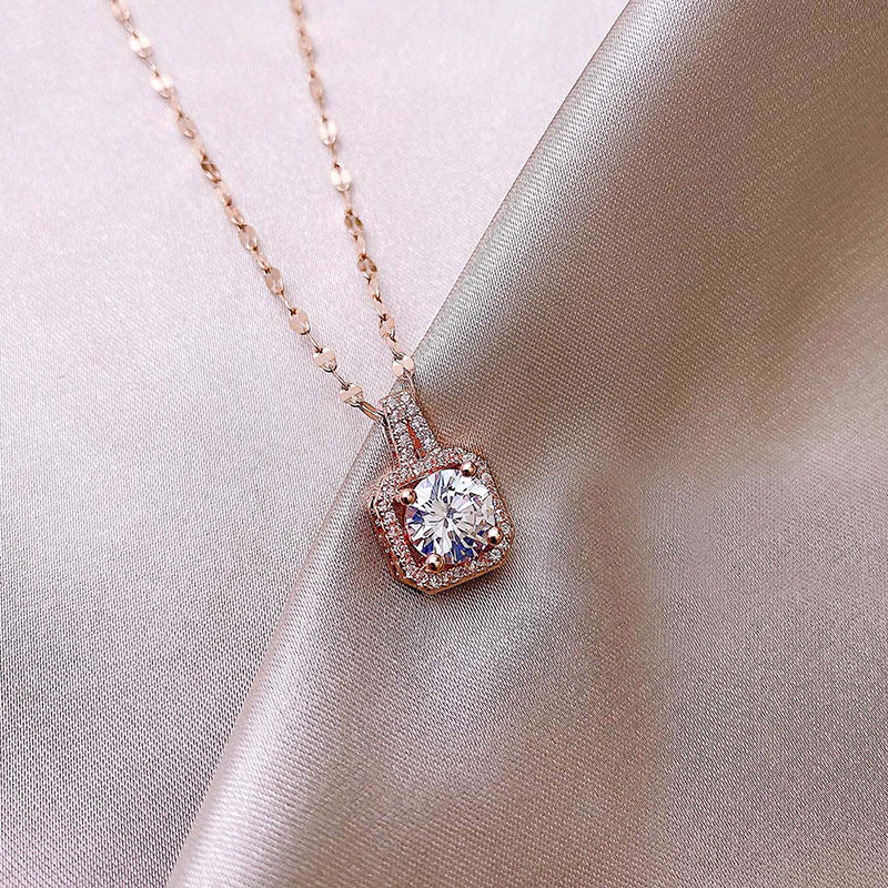 Geometric Original Design Titanium Steel Necklace with Faceted Square Pendant for Women, Hypoallergenic Locket Chain