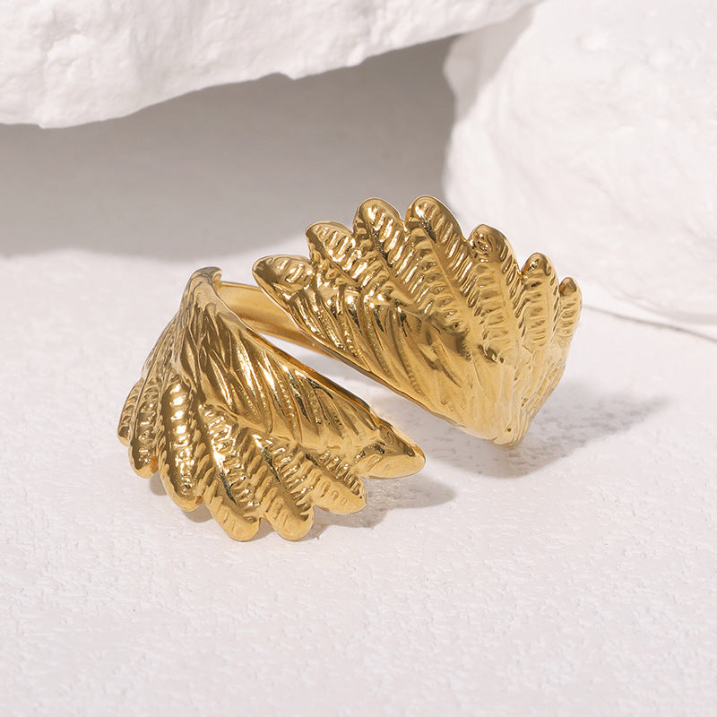 Minimalist Fashion 18K Gold Plated Stainless Steel Wing Open Ring for Women