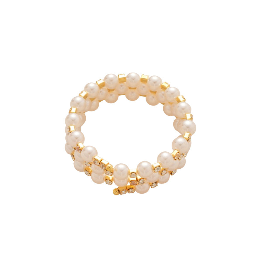 Elegante brazalete abierto de doble capa con perlas y diseño geométrico redondo, incrustaciones de pedrería y estilo vintage, accesorio minimalista de lujo