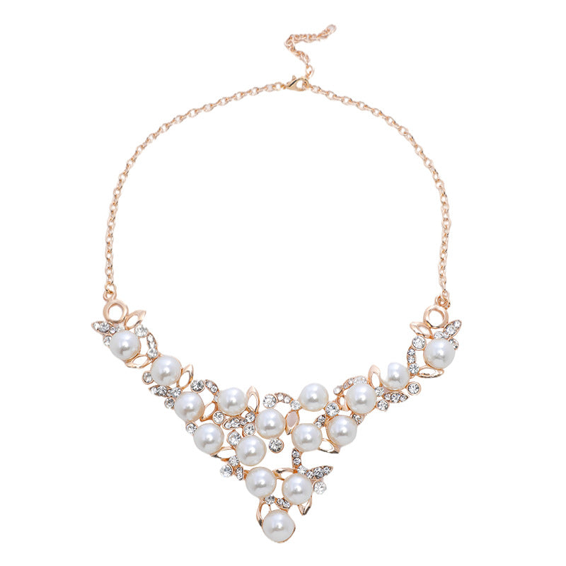 Sweet Minimalist Pearl Necklace and Earrings Set for Women with Alloy Pendant, Plated Finish, O-Chain, Floral and Leaf Motifs