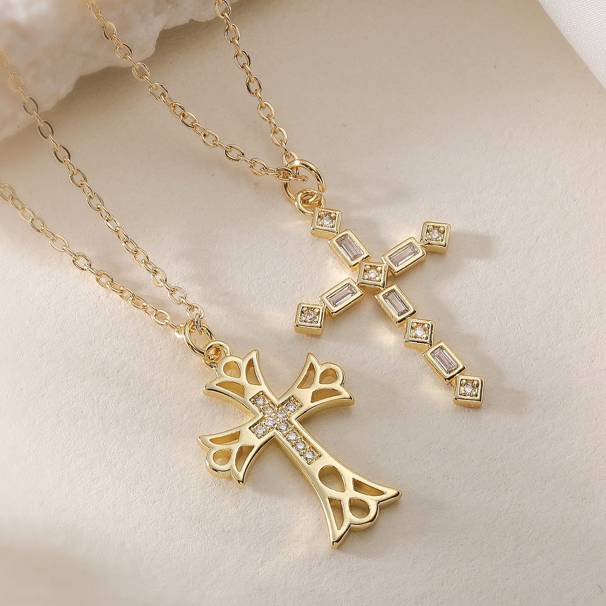 Minimalist 18K Gold Plated Brass Cross Pendant Necklace with Cubic Zirconia for Women