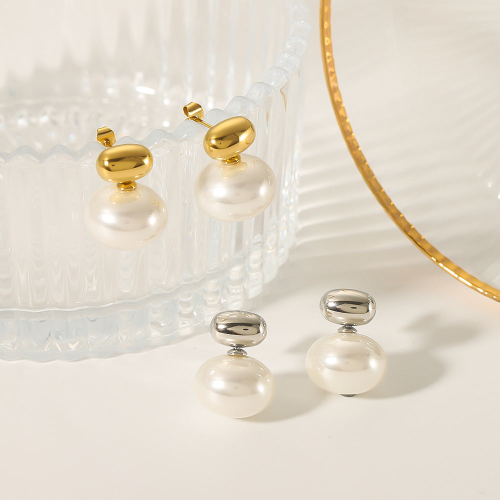 Minimalist Geometric Pearl Earrings in Gold-Plated Stainless Steel for Women with Elegant Sophisticated Look