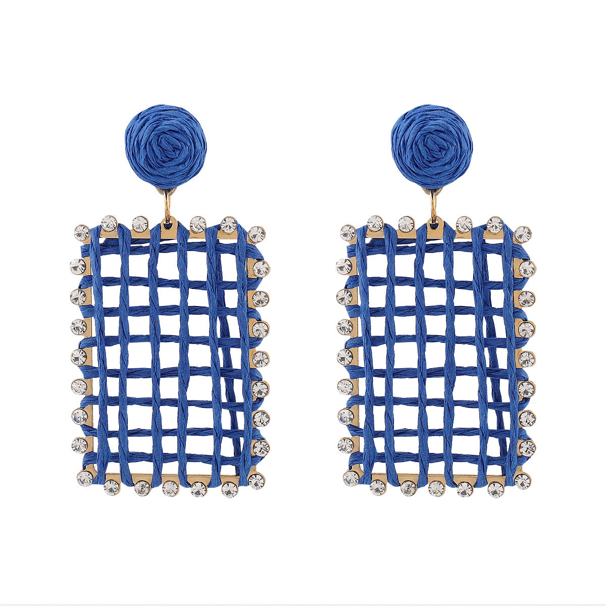 Orecchini in rafia intrecciata con ritagli geometrici da donna con dettagli in strass, stile fresco e minimalista per le vacanze