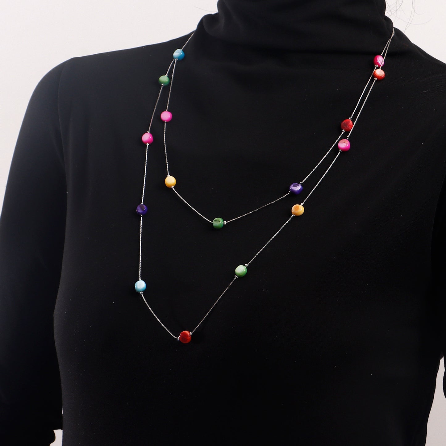 Geometric Long Layered Tassel Necklace for Women with Colored Zirconia on Alloy Base with Plated Finish