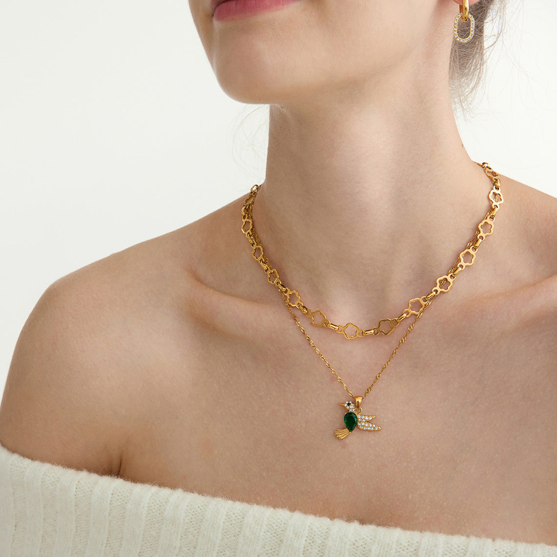 Collana con ciondolo a forma di uccello geometrico, minimalista di lusso, in acciaio al titanio placcato oro 18 carati da donna