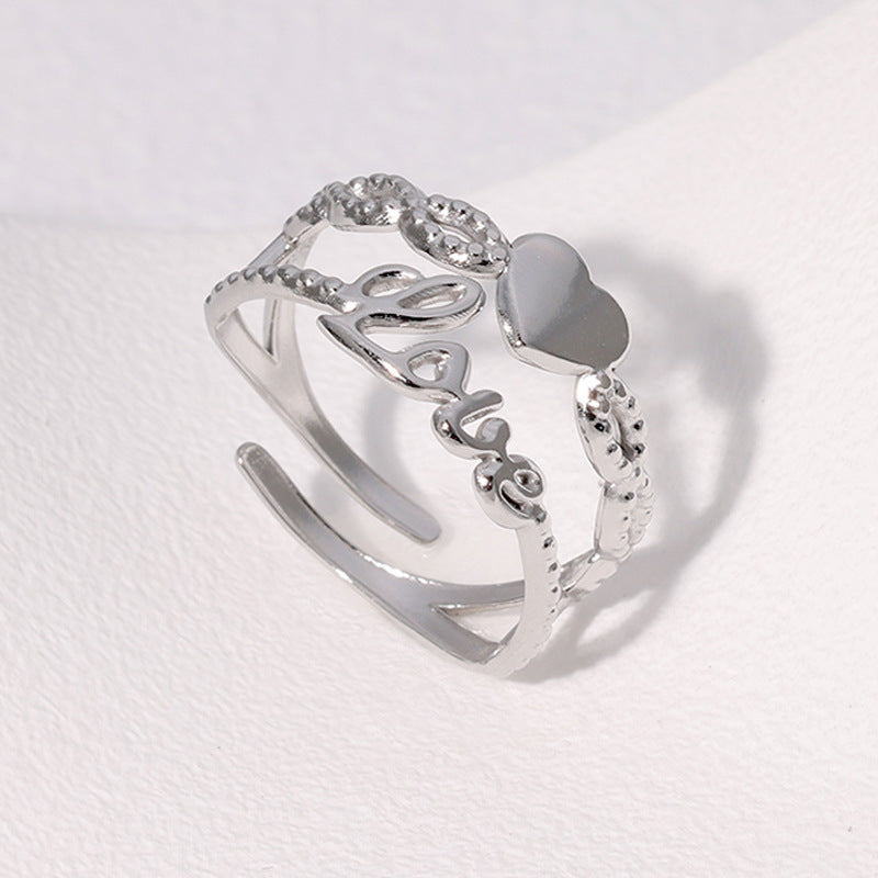 Cute Heart-Shaped Stainless Steel Open Ring with Plated Finish for Women