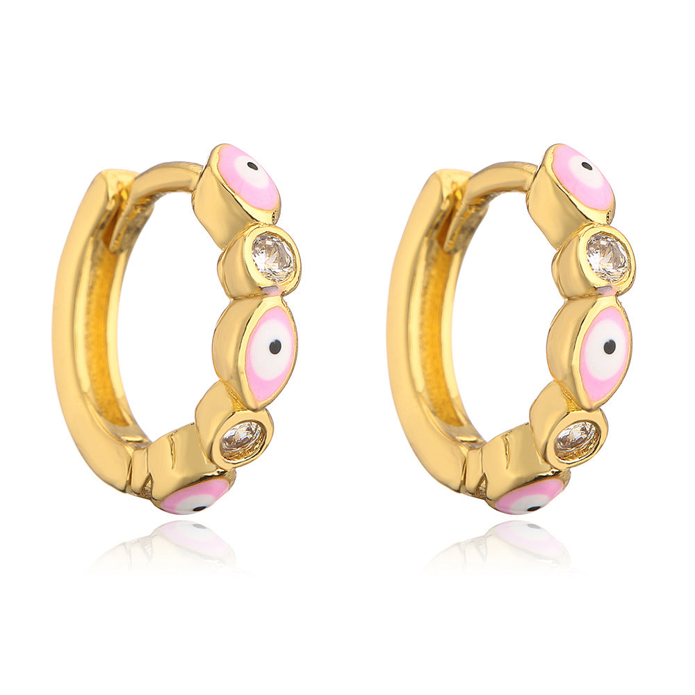 Orecchini a Cerchio Geometrici Minimalisti in Rame con Placcatura in Oro 18K e Design a Occhio di Allah in Zirconia Smaltata per Donna