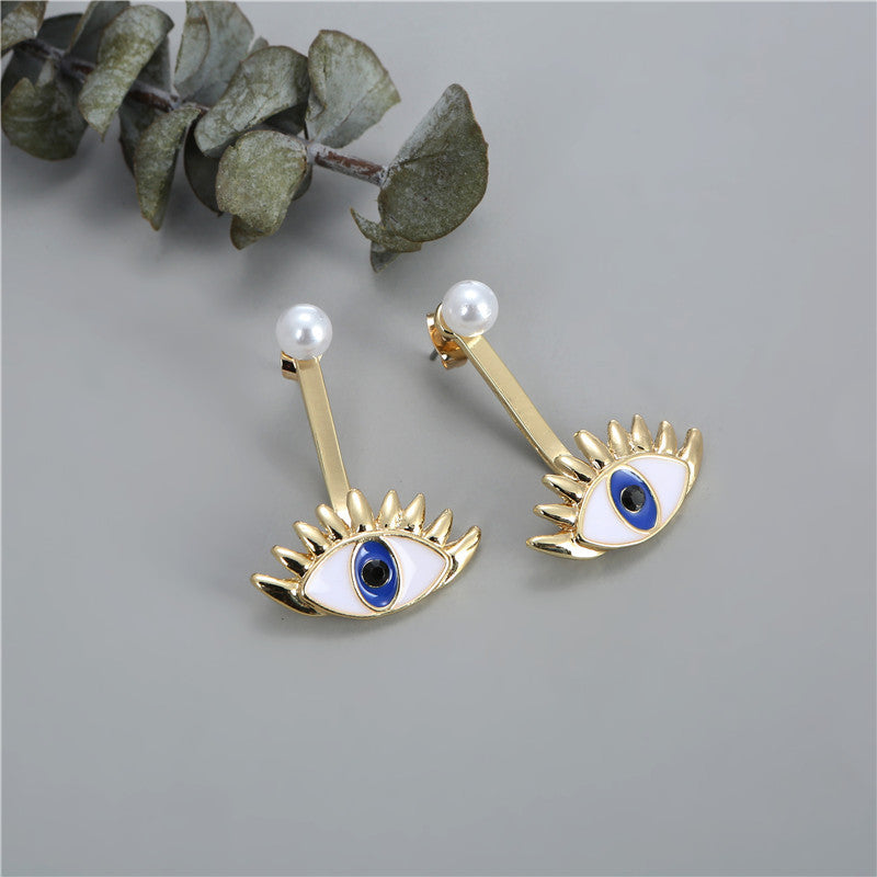 Exaggerated Evil Eye Pendant Alloy Earrings with Blue Enamel Eyes and Pearl Accents for Women