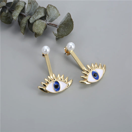 Exaggerated Evil Eye Pendant Alloy Earrings with Blue Enamel Eyes and Pearl Accents for Women