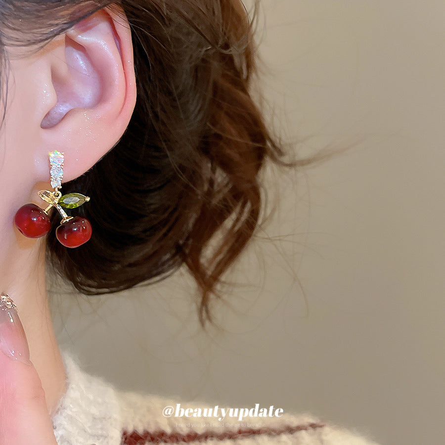 Cherry-Shaped Resin Earrings with Zirconia Inlay for Women, Minimalist Sweet Style Fashion Ear Jewelry
