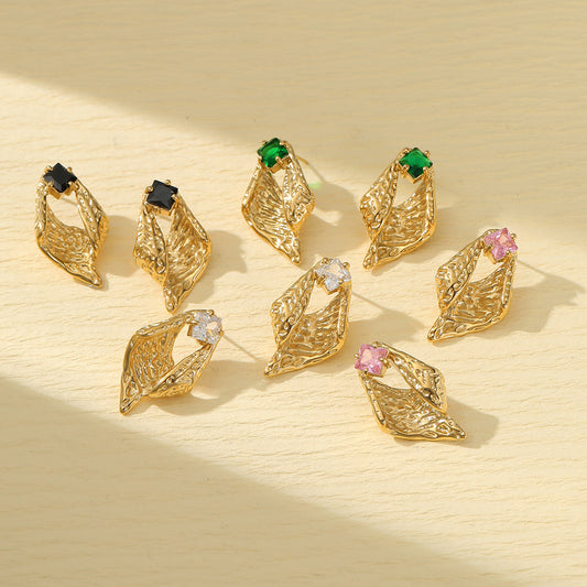 Pendientes vintage de acero titanio con forma de concha geométrica y circonitas incrustadas para mujer