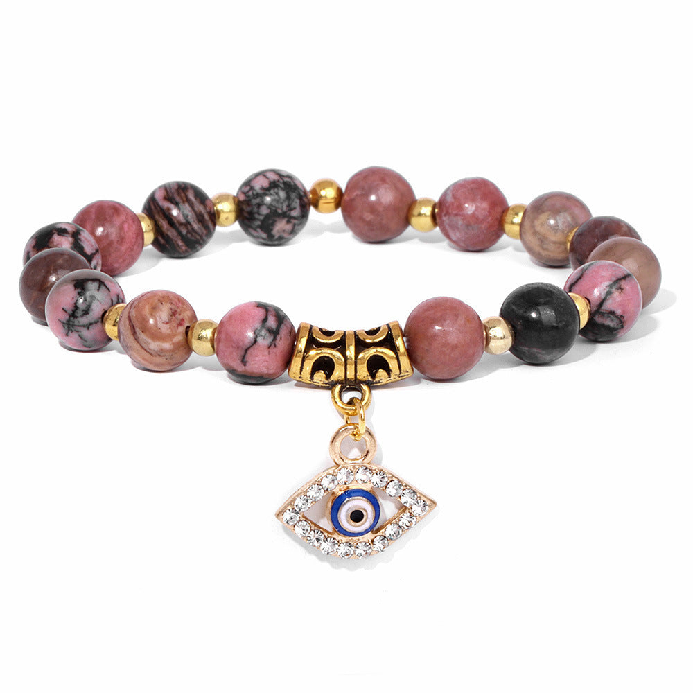 Vintage Minimalist Geometric Agate Beaded Bracelet with Evil Eye Pendant Unisex Jewelry