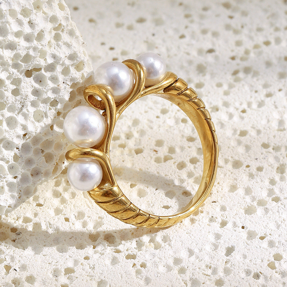 Minimalist Geometric Stainless Steel Plated 18K Gold Ring with Pearl Accent for Women
