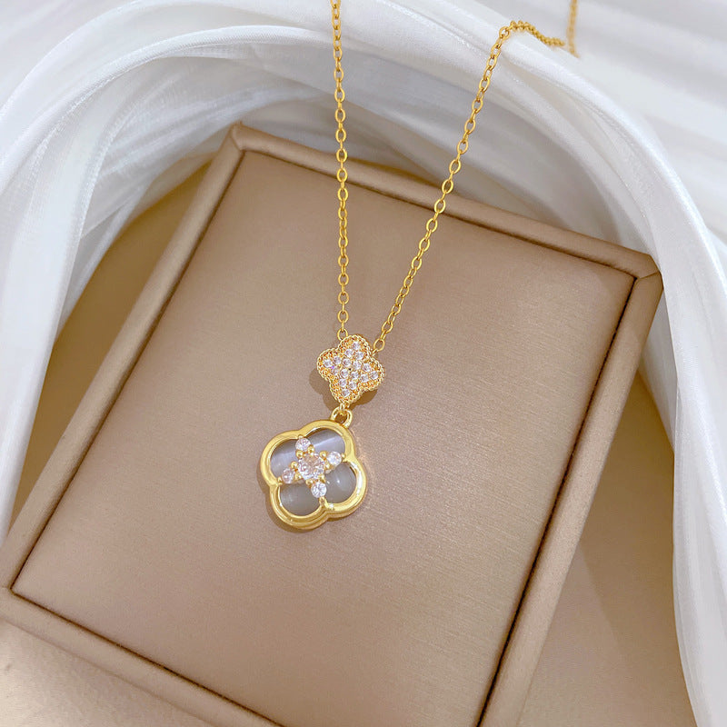 Sweet Elegant Geometric Rhinestone Cat's Eye Clover Pendant Titanium Steel Necklace for Women and Men