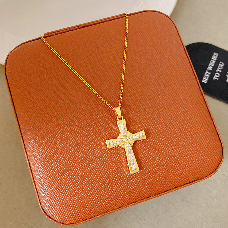 Sporty Sweet 18K Gold Plated Cross Titanium Steel Necklace with Cubic Zirconia for Women