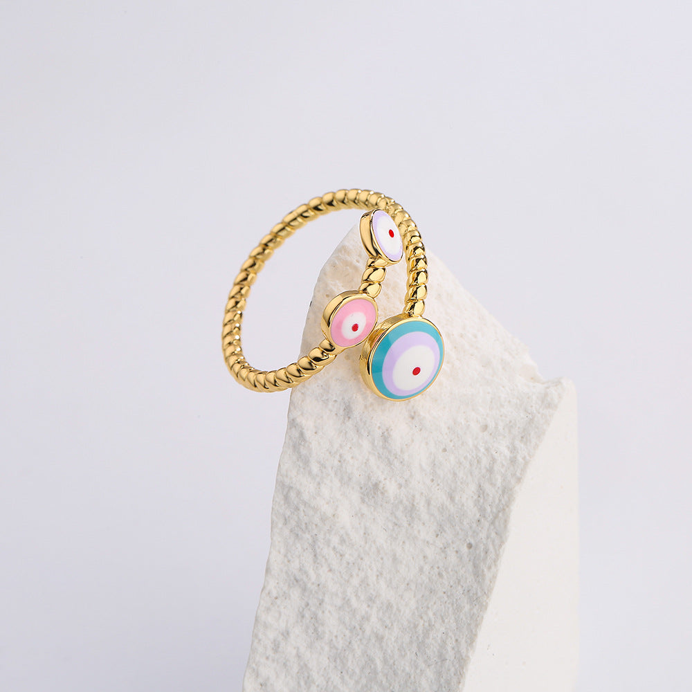 Minimalist Geometric Open Ring for Women in Brass with Gold Plating and Enamel Eye Detail