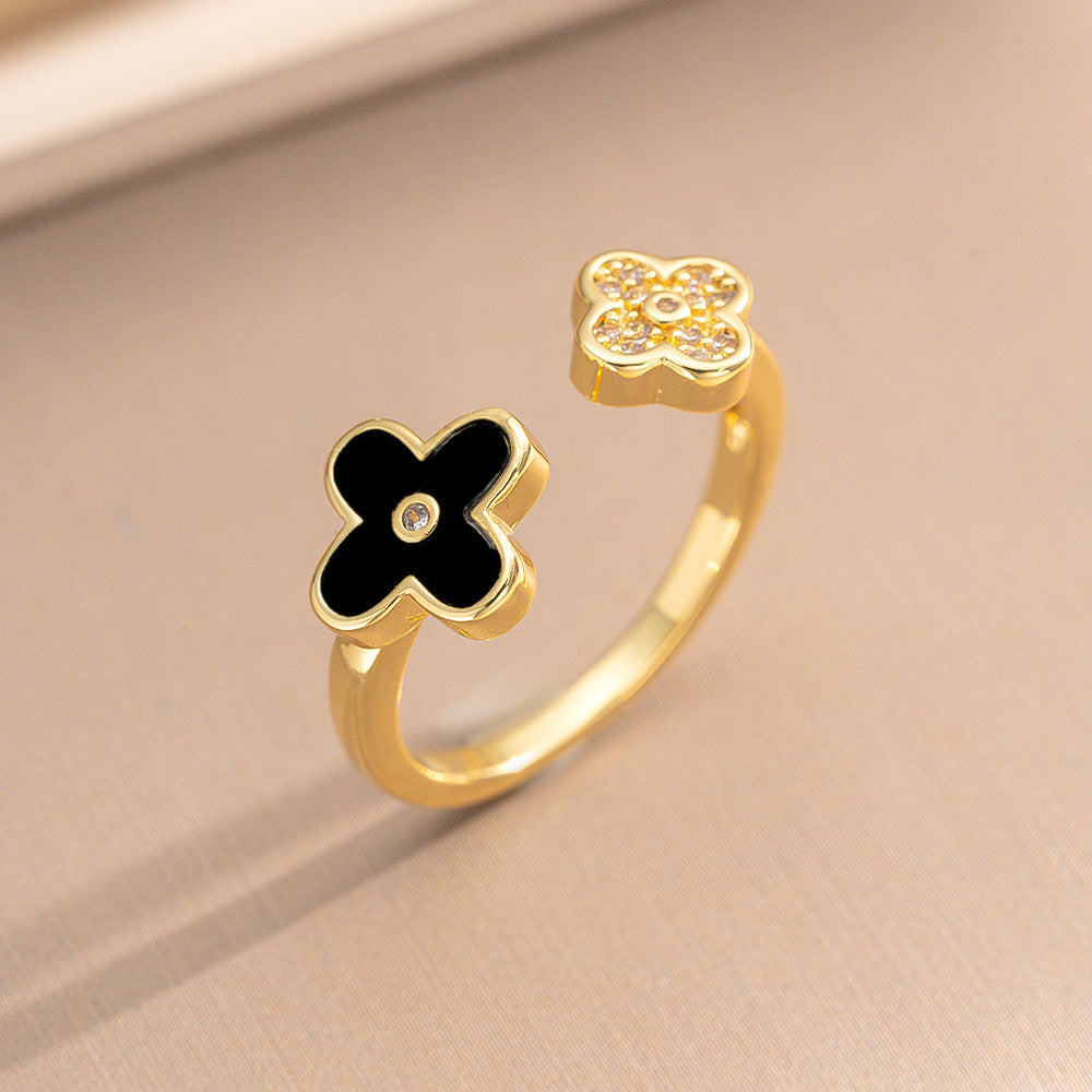 Luxury Minimalist Adjustable Open Ring for Women with Gold-Plated Copper Band and Zircon Stone Accent in Heart and Floral Shape