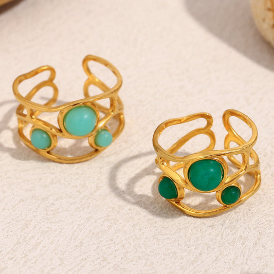 Vintage French-Style Geometric Stainless Steel Ring with 18K Gold Plating and Emerald Accent for Women