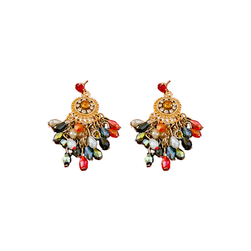 Ethnic Vintage Style Geometric Crystal Floral Tassel Earrings with Stainless Steel Posts for Women