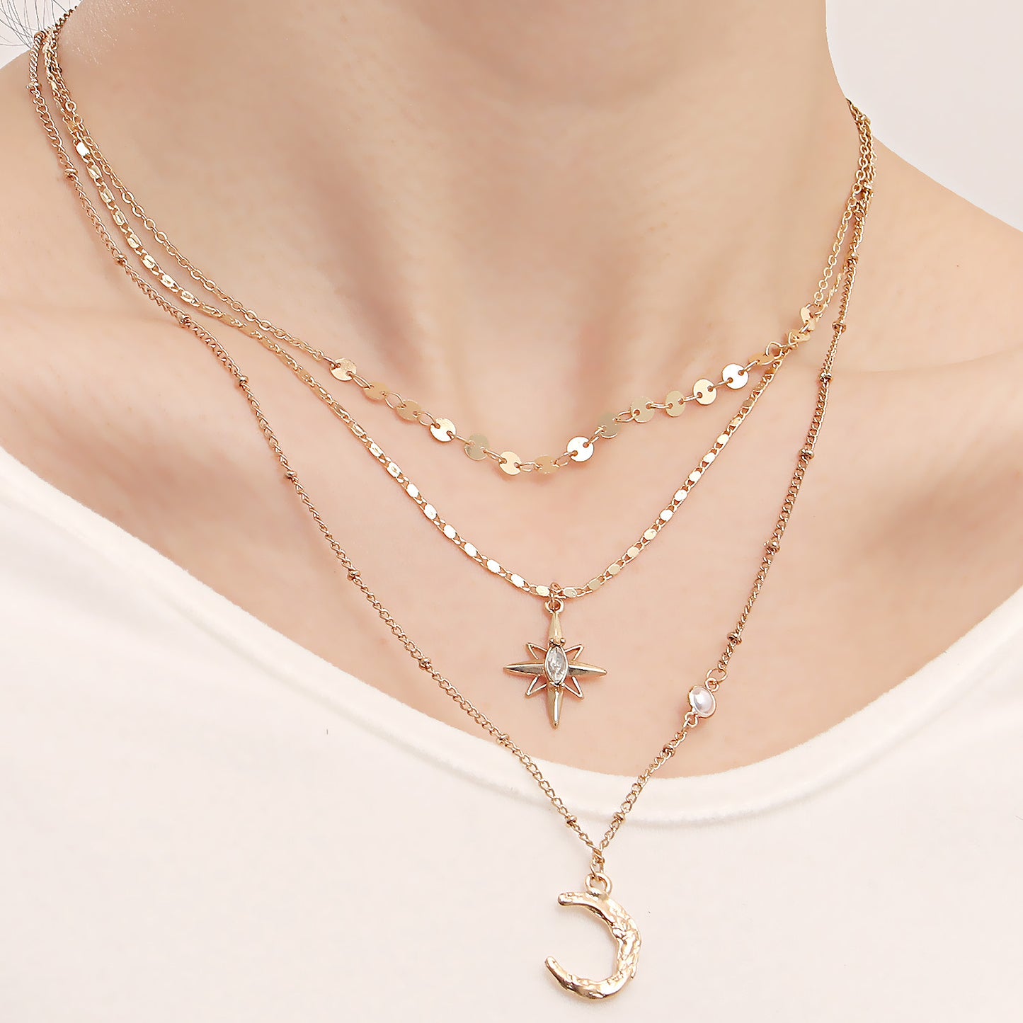 Minimalist Geometric Moon and Star Pendant Necklace in Alloy with Plated Finish for Women