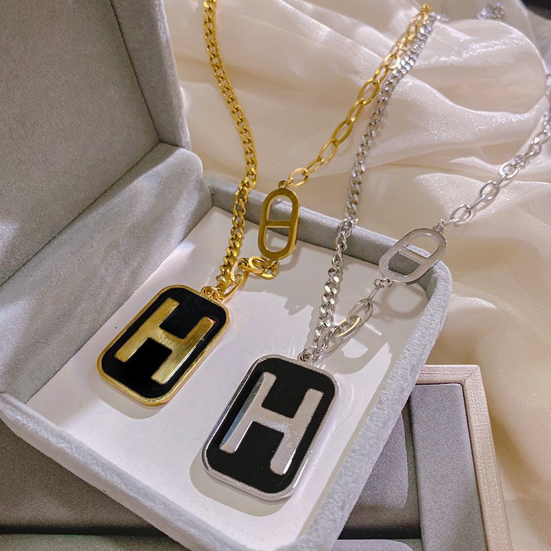 Gold Plated Titanium Steel Rectangle Letter H Necklace
