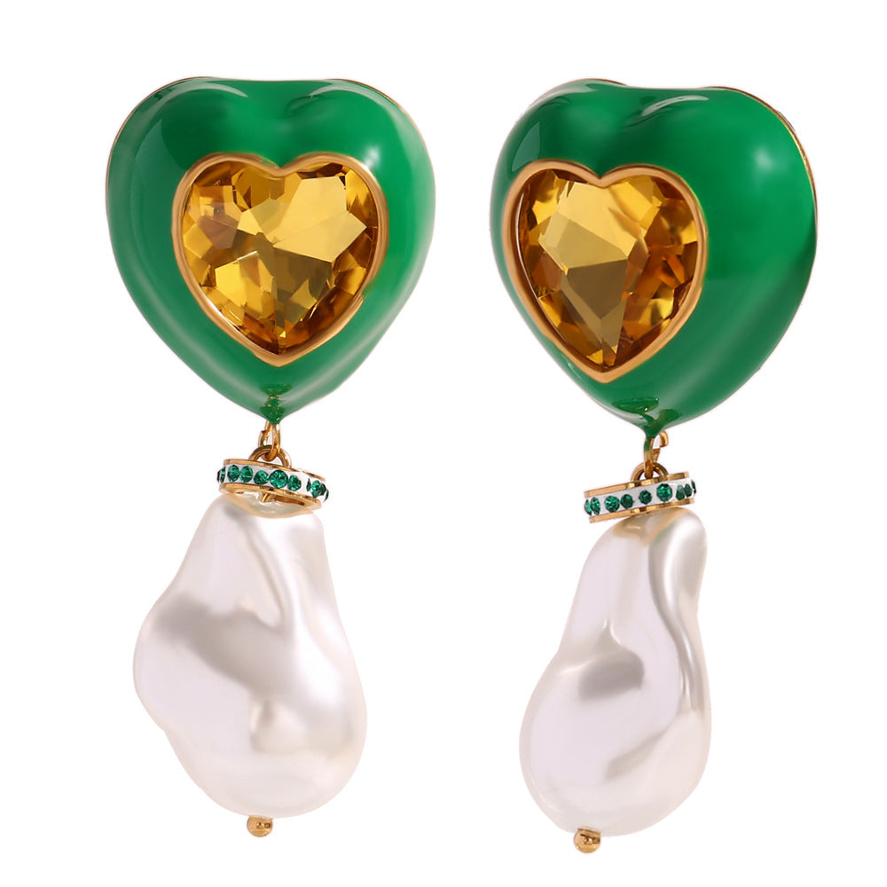 Fashionable Heart-Shaped Stainless Steel Earrings with 18K Gold Plating and Enamel Finish for Women