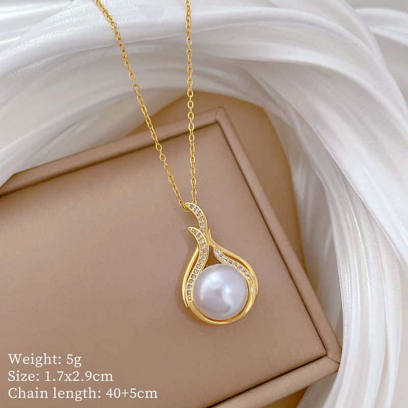 Cartoon Style Fish Tail Pearl Rhinestone Necklace for Women Stainless Steel Clavicle Chain with Starry Pattern