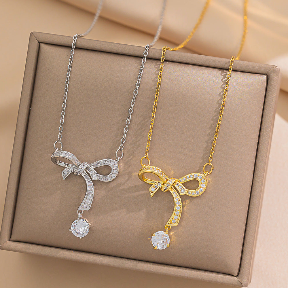 Minimalist Geometric Bowknot Pendant Necklace for Women in Titanium Steel with Rhinestone Inlay and Electroplated Finish on Snake Chain