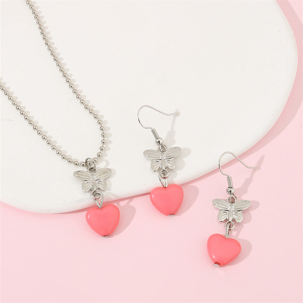 Set Collana con Ciondolo a Farfalla e Cuore in Resina con Catena di Perline per Bambini
