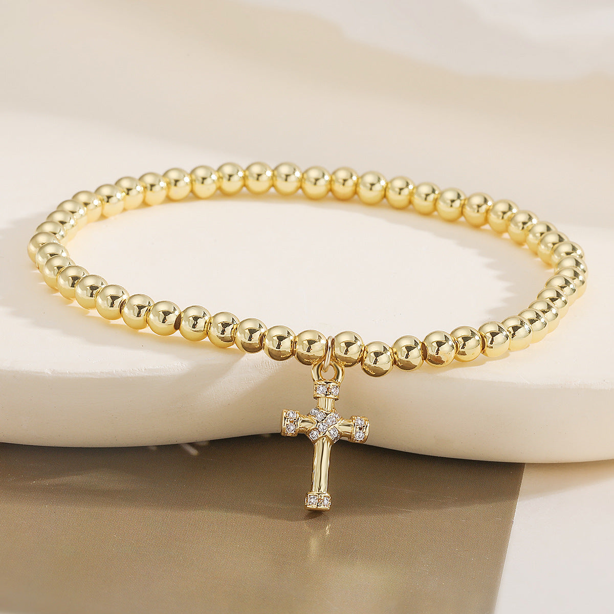Minimalist 18K Gold Plated Brass Cross Pendant Ball Chain Bracelet with Cubic Zirconia for Women