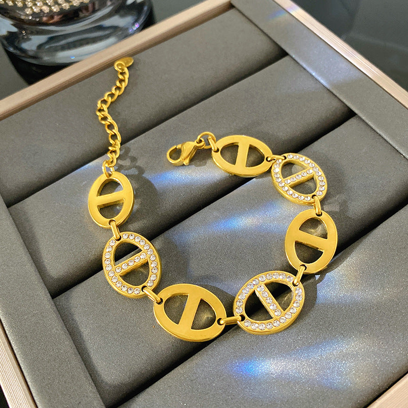 Sweet Streetwear 18K Gold Plated Oval Geometric Titanium Steel Bracelet with Cubic Zirconia